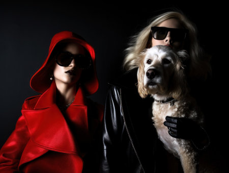 A woman in a red coat and a woman in a black coat with a dog. AI generative image.の素材
