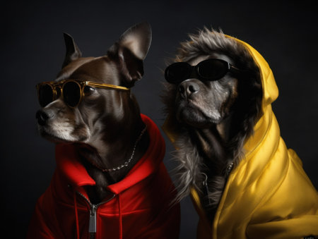 Two fashion dogs wearing sunglasses and a yellow jacket. AI generative image.の素材
