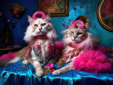 A couple of fashion cats sitting on top of a blue bed. AI generative image.の素材