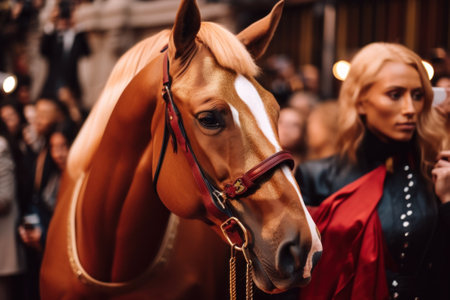A woman standing next to a brown horse. AI generative image.の素材