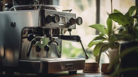 A coffee machine sitting next to a potted plant. AI generative image.の素材