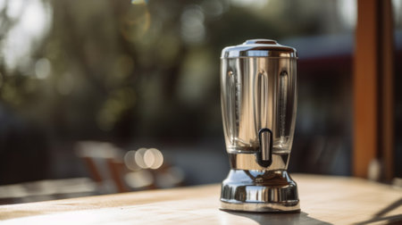 A blender sitting on top of a wooden table. AI generative image.の素材
