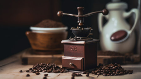A coffee grinder sitting on top of a table filled with coffee beans. AI generative image.の素材