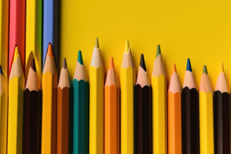 A row of colored pencils lined up against a yellow background. AI generative image.の素材
