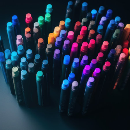A close up of many different colored pens. AI generative image.の素材