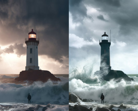 A couple of people standing on top of a beach next to a lighthouse. AI generative image.の素材