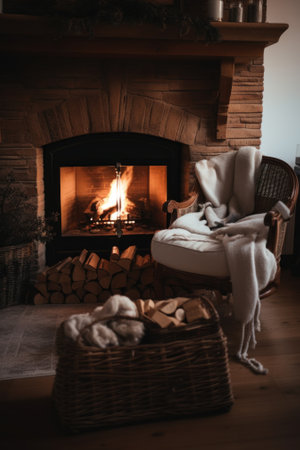 Cozy home interior. A fireplace with a fire burning in it. AI generative image.の素材