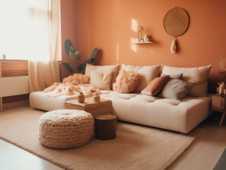 A living room with orange walls and a white couch. AI generative image.の素材