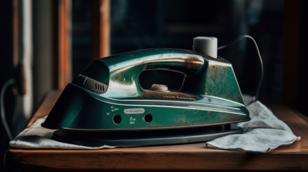 A green iron sitting on top of a wooden table. AI generative image.の素材