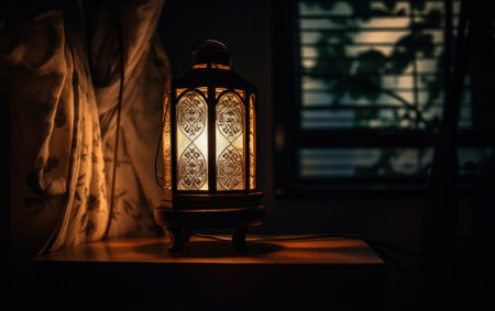 A lit lantern sitting on top of a wooden table. AI generative image.の素材