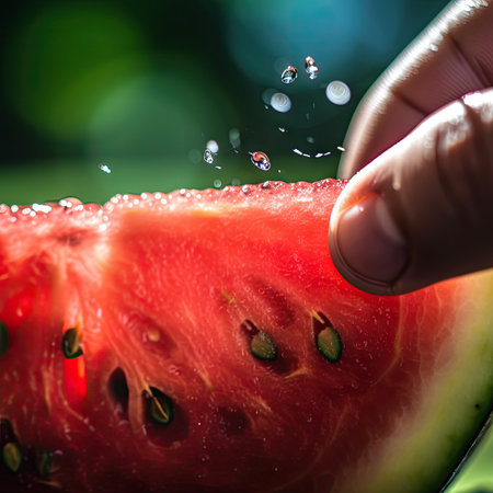 A watermelon slice being sliced with a knife. AI generative image.の素材