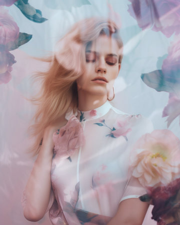 A woman with blonde hair and a white shirt is surrounded by pink flowers. AI generative image.の素材