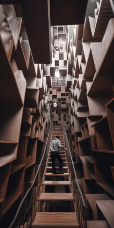 A surreal nightmare, man climbing up infinite stairs in a building. AI generative image.の素材