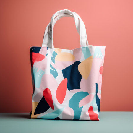 A colorful multi usage bag sitting on top of a table. AI generative image.の素材