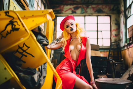 A woman in a red dress sitting on a yellow ladder. AI generative image.の素材