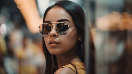 A woman wearing sunglasses standing in front of a mirror. AI generative image.の素材