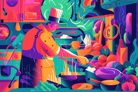 A man in a chefs hat preparing food in a kitchen. AI generative image.の素材