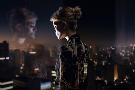 A woman looking out a window at a city at night. AI generative image.の素材