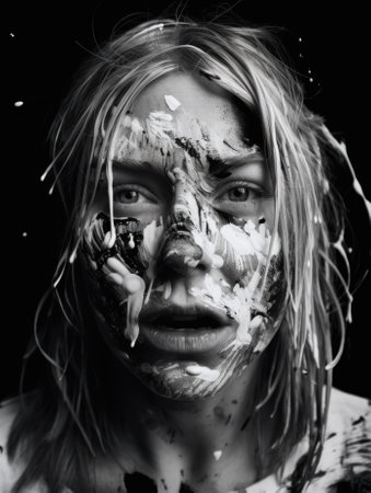 A black and white photo of a woman covered in paint. AI generative image.の素材