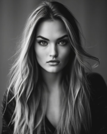 A black and white photo of a woman with long hair. AI generative image.の素材