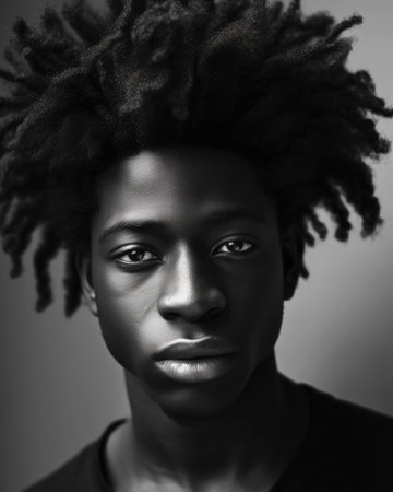 A black and white photo of a young man with dreadlocks. AI generative image.の素材