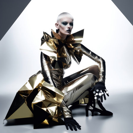 A woman in a shiny gold outfit sitting on the ground. AI generative image.の素材