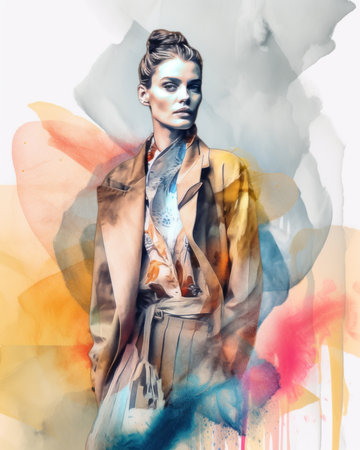 A painting of a woman in a coat and tie. AI generative image.の素材