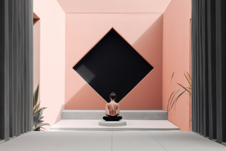 A woman sitting in yoga pose in a room with pink walls. AI generative image.の素材