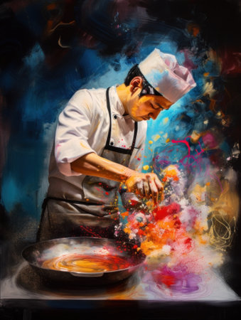 A painting of a chef making food in a frying pan. AI generative image.の素材