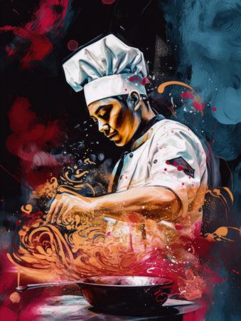 A painting of a chef preparing food in a bowl. AI generative image.の素材
