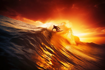 A man riding a wave on top of a surfboard. AI generative image.の素材