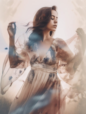 A woman in a dress is standing in a field. AI generative image.の素材