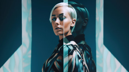 A woman with blonde hair standing in front of a mirror. AI generative image.の素材