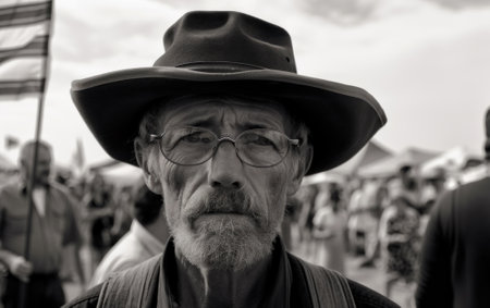 A man wearing a hat and glasses standing in front of a crowd. AI generative image.の素材