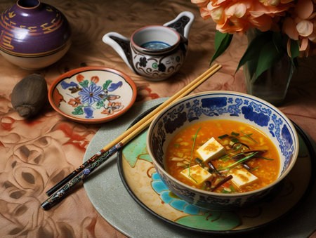 A bowl of soup with chopsticks on a plate. AI generative image . Korean still life.の素材