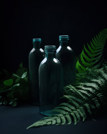 Three empty glass bottles sitting next to a fern. AI generative imageの素材