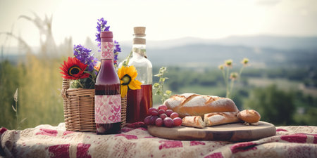 A table topped with bottles of wine and bread. AI generative imageの素材