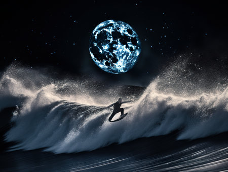 A man riding a wave on top of a surfboard. AI generative imageの素材