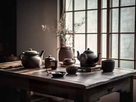 A wooden table topped with tea pots and cups. AI generative imageの素材