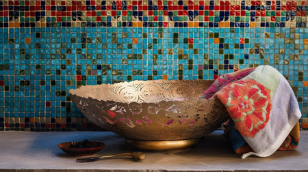 A large metal bowl sitting on top of a counter. AI generative image . Turkish hamam.の素材