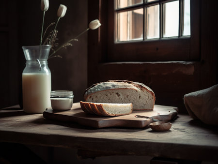 A loaf of bread sitting on top of a cutting board. AI generative imageの素材