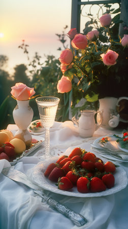 A plate of strawberries on a table with roses in the background. AI generative imageの素材