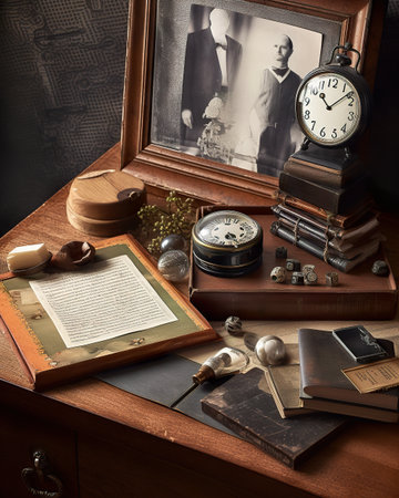 A desk topped with books and a clock. AI generative imageの素材