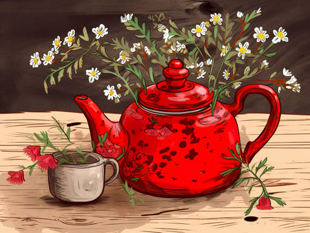 A painting of a red teapot with flowers in it. AI generative imageの素材