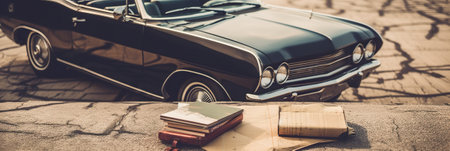 A car parked next to a pile of books. AI generative imageの素材