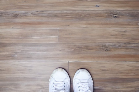 A pair of white shoes sitting on top of a wooden floor. AI generative imageの素材
