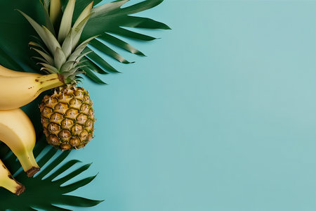 A bunch of bananas and a pineapple on a blue background. AI generative image . A lot of copy space. . A lot of copy space.の素材