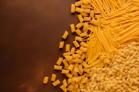 A close up of a bunch of different types of pasta. AI generative image . A lot of copy space.の素材