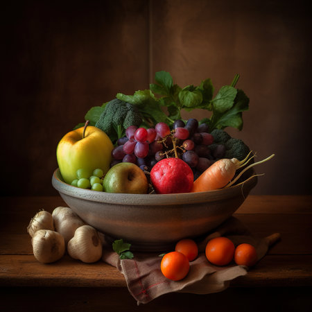 A bowl of fruit and vegetables on a table. AI generative imageの素材