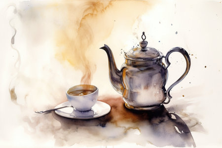 A painting of a teapot and a cup of coffee. AI generative imageの素材